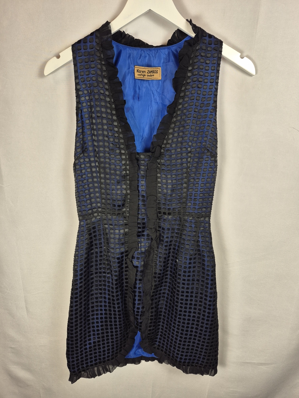 Karen Zambos Vintage Cputure 100% Silk Navy Blue Mesh Ruffle Dress Size 6